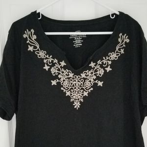 Black short sleeve top with ivory embroidery